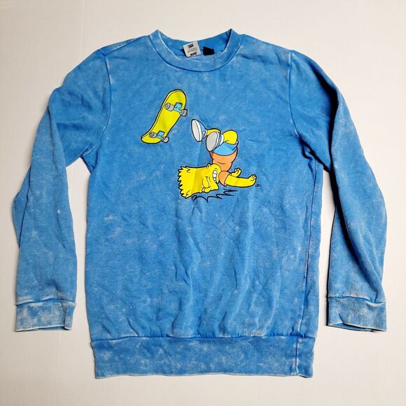 The Simpsons Bart Headplant Skateboarding Blue Acid Wash Sweatshirt Mad Engine - Picture 1 of 8